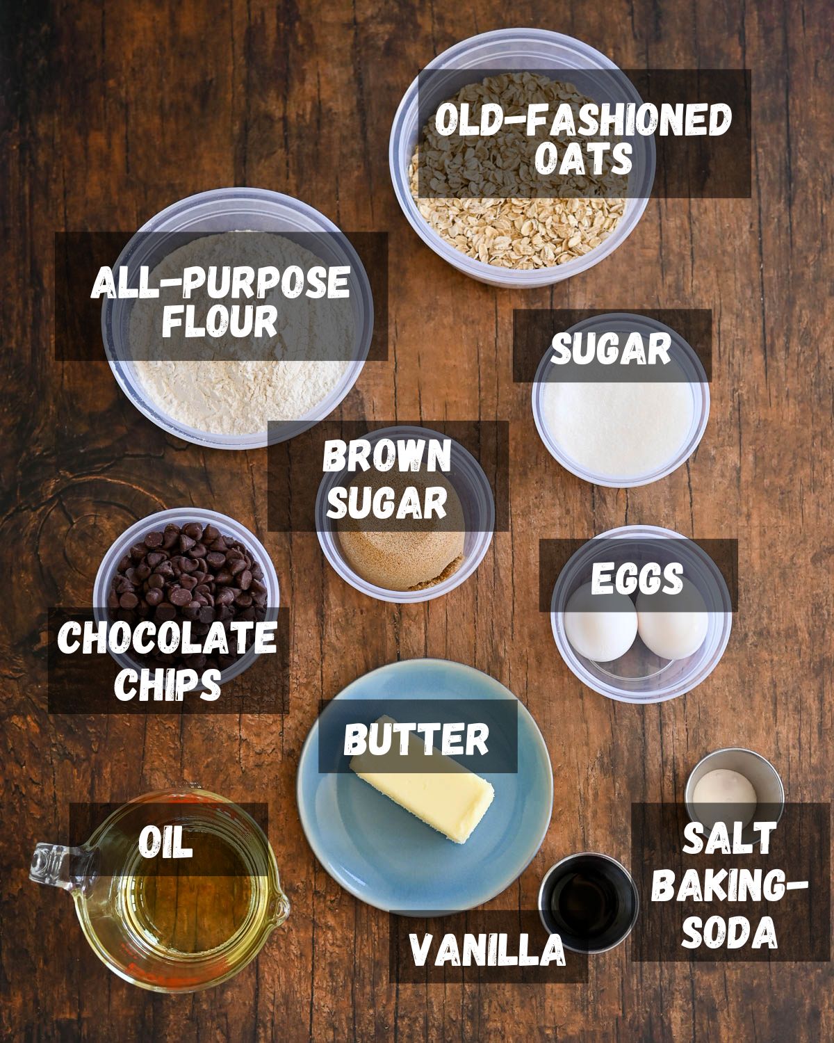 Labeled ingredients shown for oatmeal chip cookies.