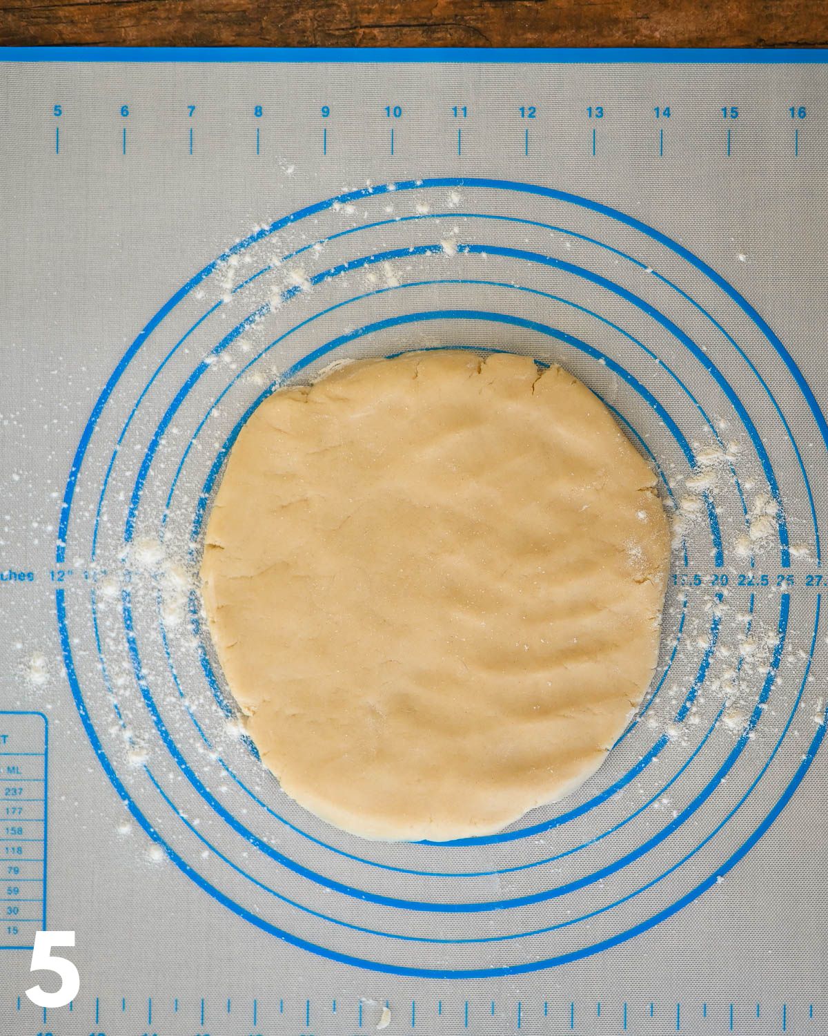 Pie dough on a pastry mat ready to roll out.