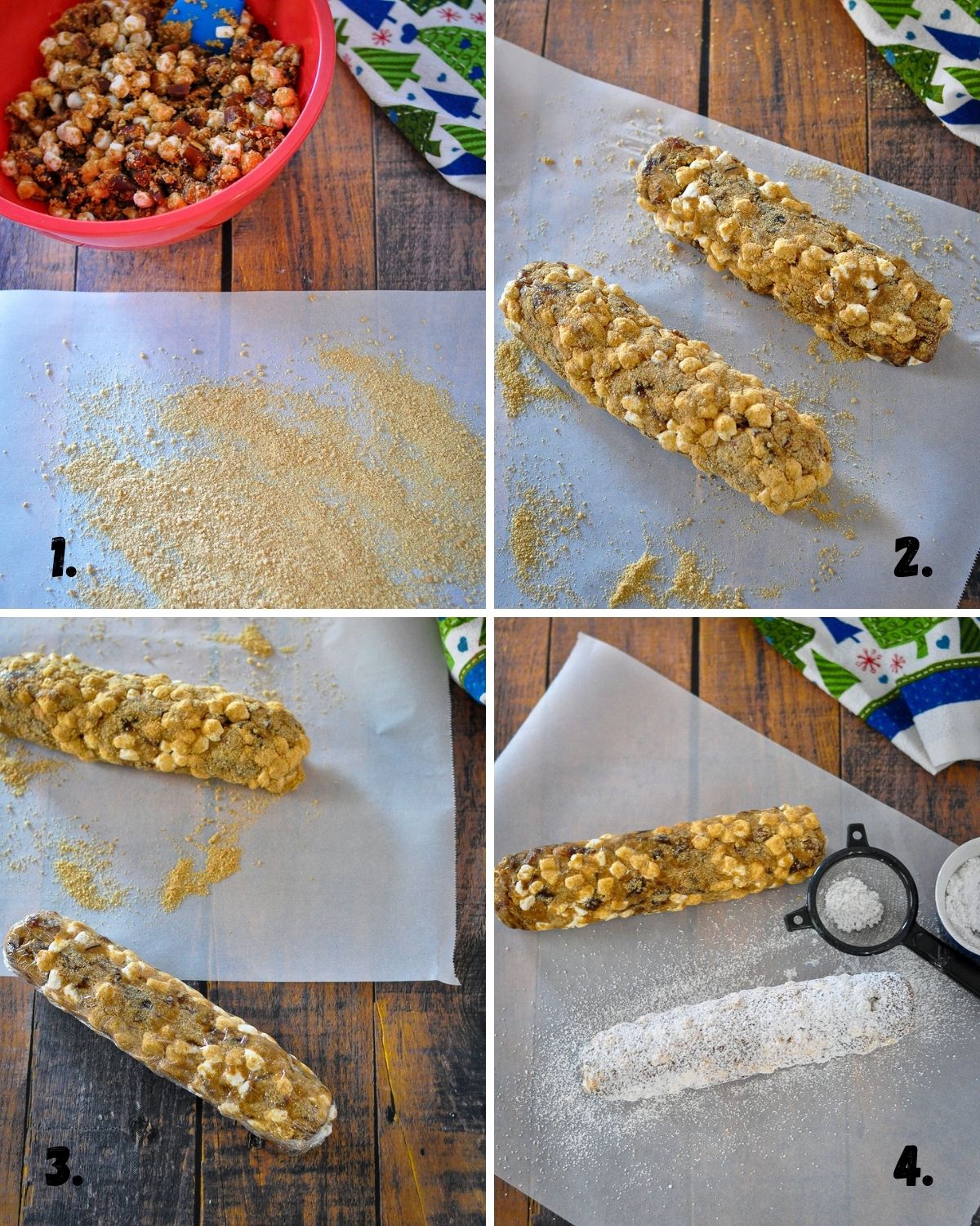 a four picture collage showing the process of make the date roll. 