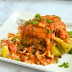 Stuffed Bell Peppers with meat, rice, and tomato sauce garnished with parsley on a white plate with a fork.
