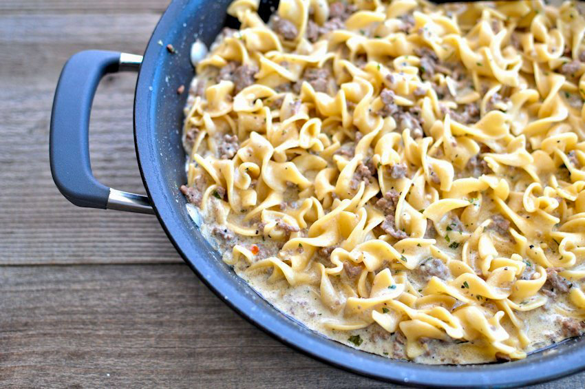 beef stroganoff made with ground beef in a black skillet