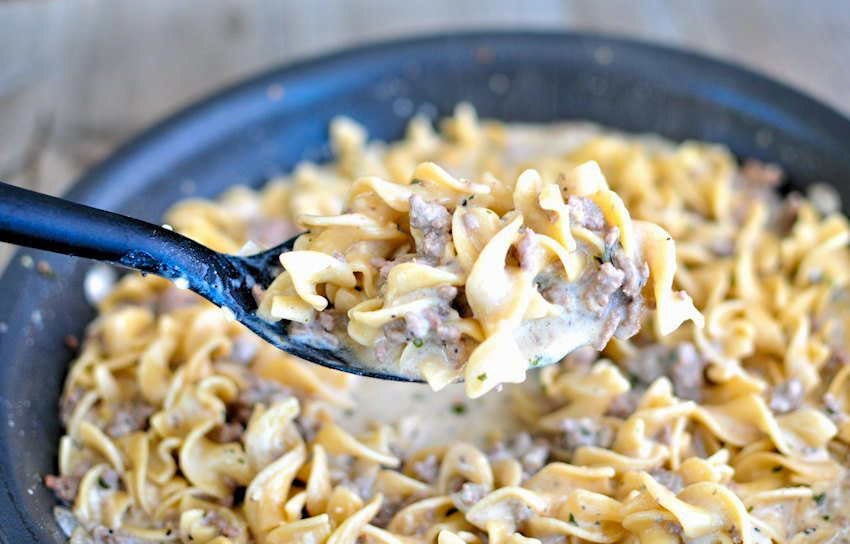 beef stroganoff made with ground beef in a black skillet