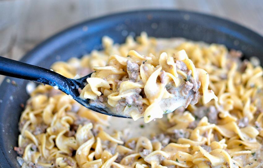 beef stroganoff made with ground beef in a black skillet