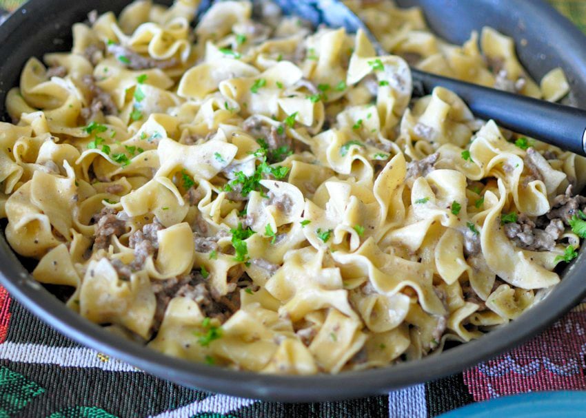 beef stroganoff made with ground beef in a black skillet