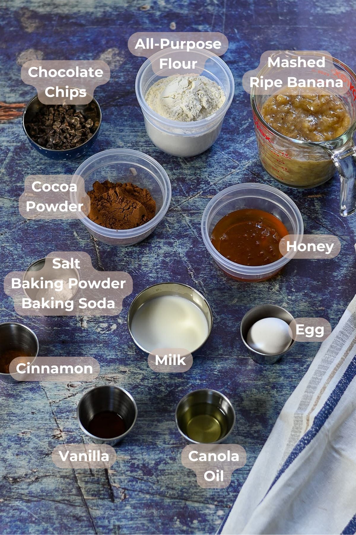 Twelve labeled baking ingredients, including flour, banana, cocoa, honey, milk, egg, oil, and chocolate chips-everything you need to create delicious Chocolate Banana Muffins.