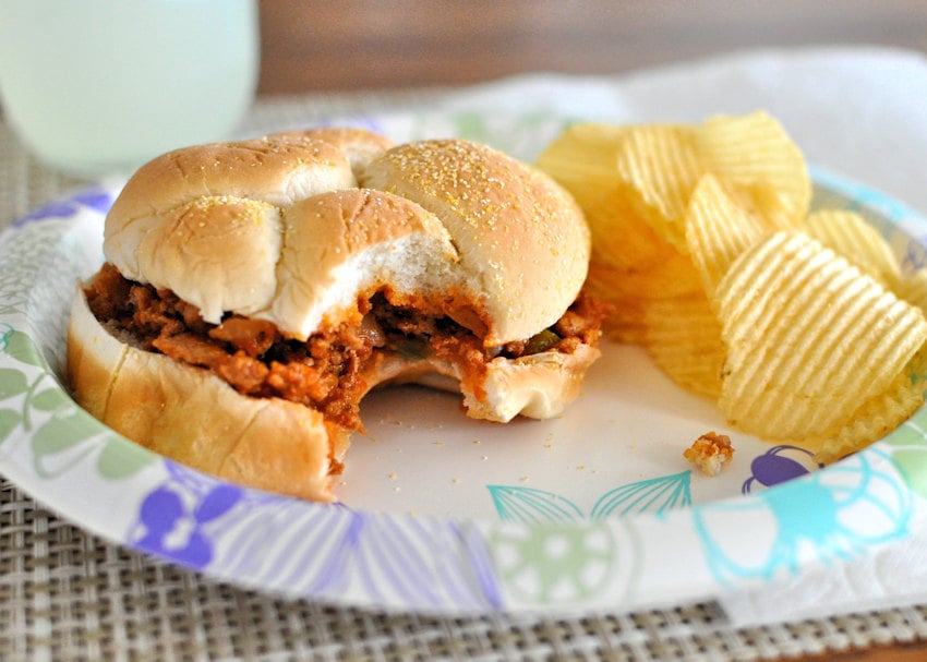 Good Ol' Sloppy Joes with potato chips on a paper plate