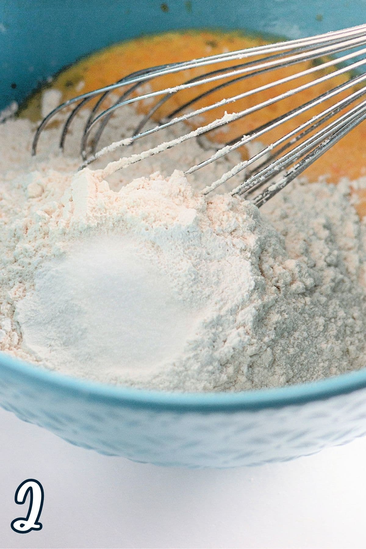 Flour baking powder, and salt in a mixing bowl with a whisk. 