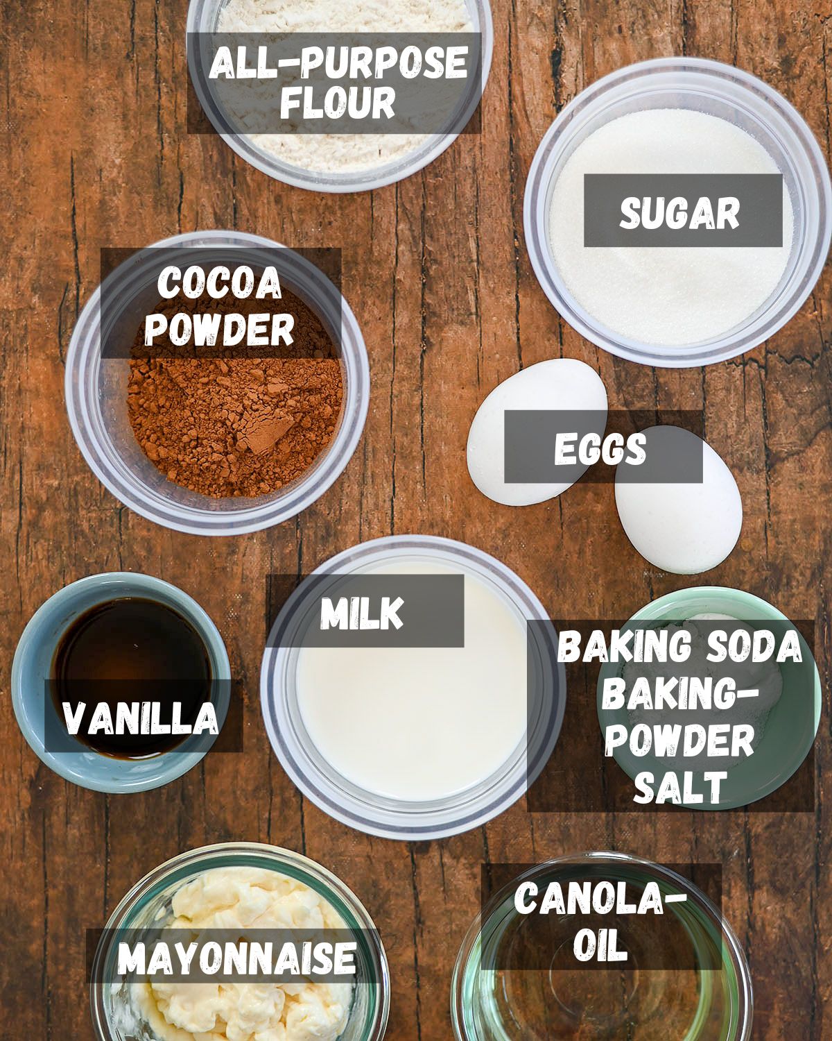 Labeled ingredients for chocolate cupcakes. 