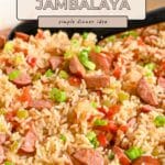A pot of sausage jambalaya featuring the best smoked sausage for jambalaya, mixed with rice, veggies, and chopped green onions.