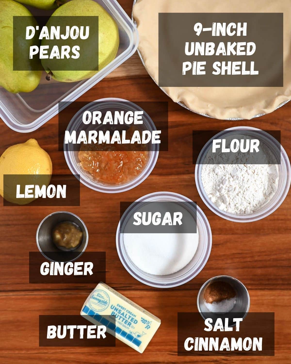Labeled ingredients for pear pie. 
