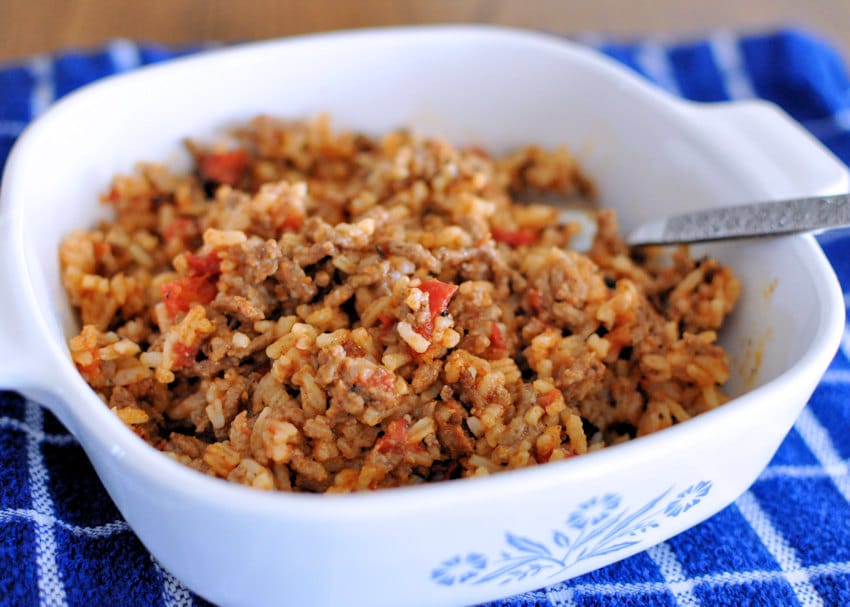 Creole Hamburger and Rice in a white casserole bowl