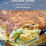 Close up photo of a scoop of chicken divan being removed from a 13 x 9 baking dish