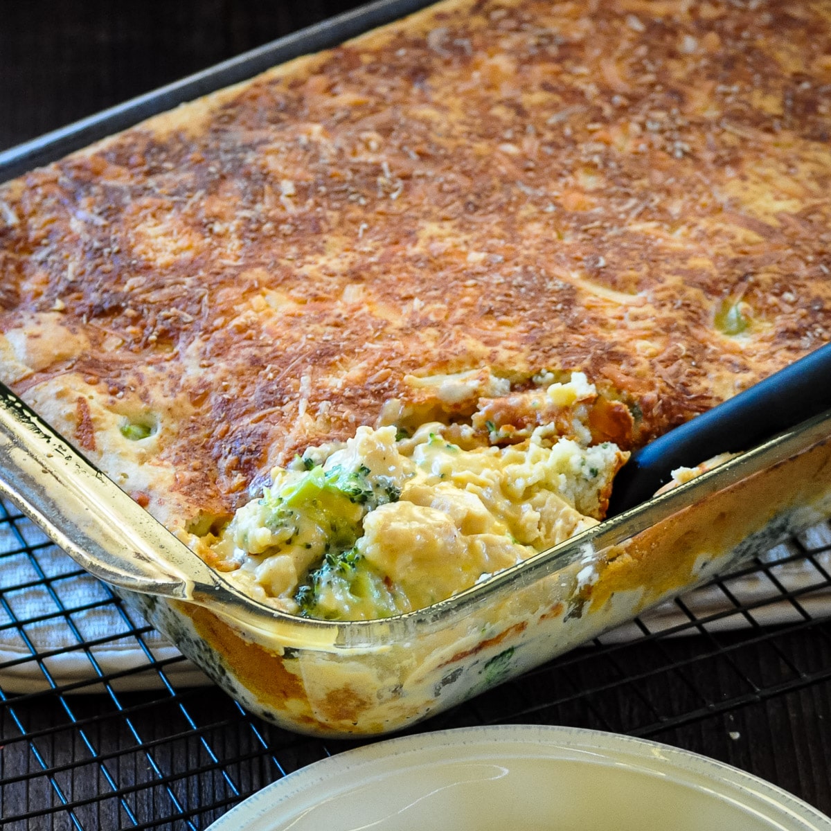 cheesy chicken with broccoli and a biscuit topping in a baking dish being served. 