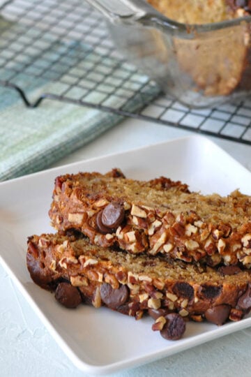 2 slices of banana bread on a white plate