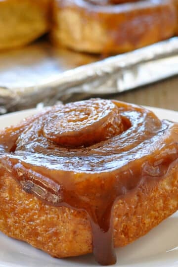 a close up of a gingerbread roll on a white plate