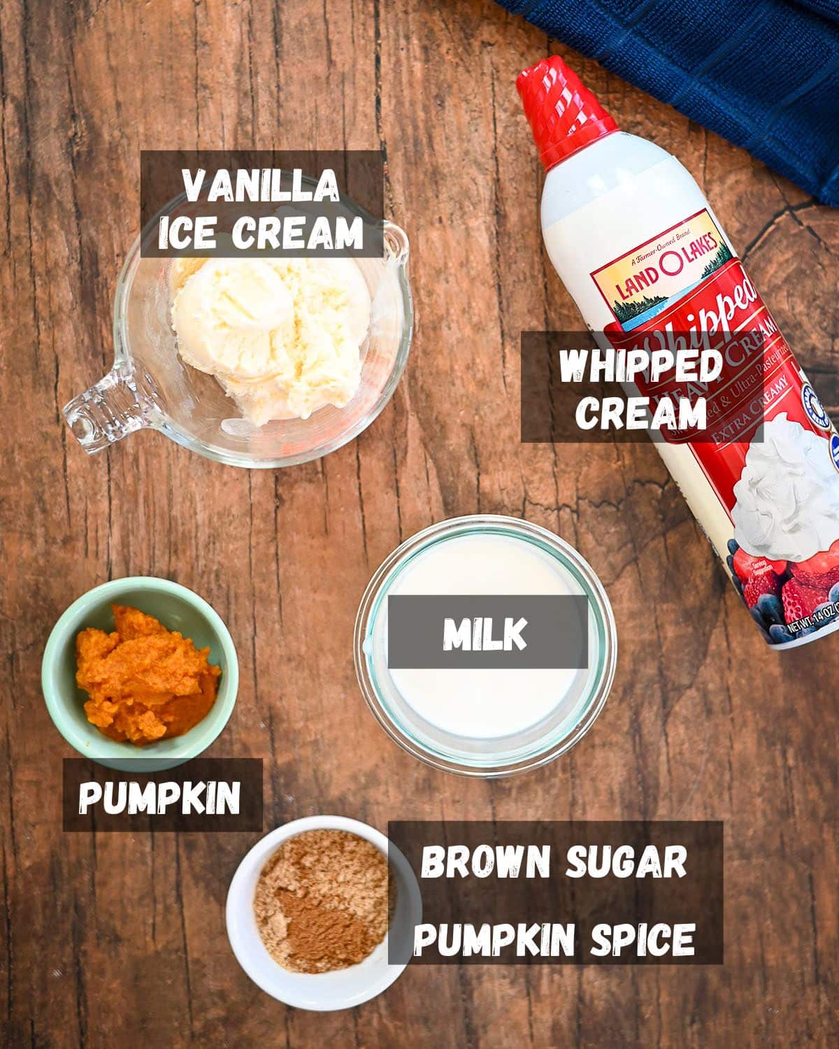 Labeled ingredients for pumpkin milkshakes.