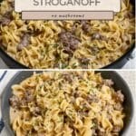 Simple Hamburger Stroganoff with ground beef and egg noodles in a skillet, garnished with parsley, labeled “no mushrooms.”.