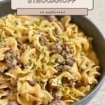 A bowl of Simple Hamburger Stroganoff with pasta and ground beef, garnished with herbs and clearly labeled “no mushrooms.”.