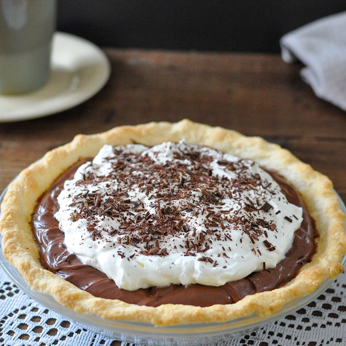 chocolate pie made with tofu and topped with whipped cream