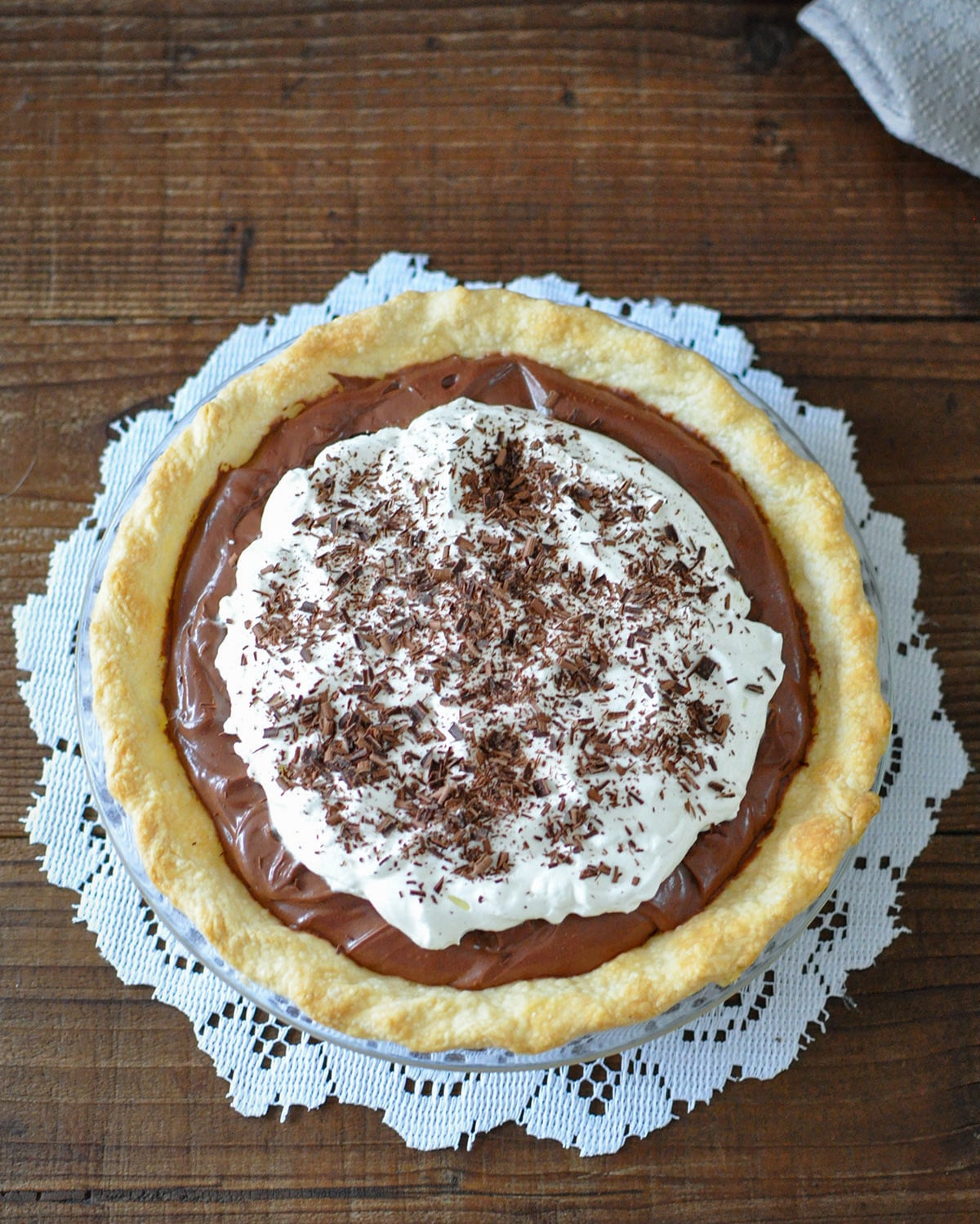 chocolate pie made with tofu and topped with whipped cream