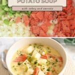 Diced potatoes, carrots, celery, and onions simmer together in a pot to create a bowl of creamy homemade potato soup.