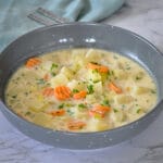 homemade potato soup in a gray bowl