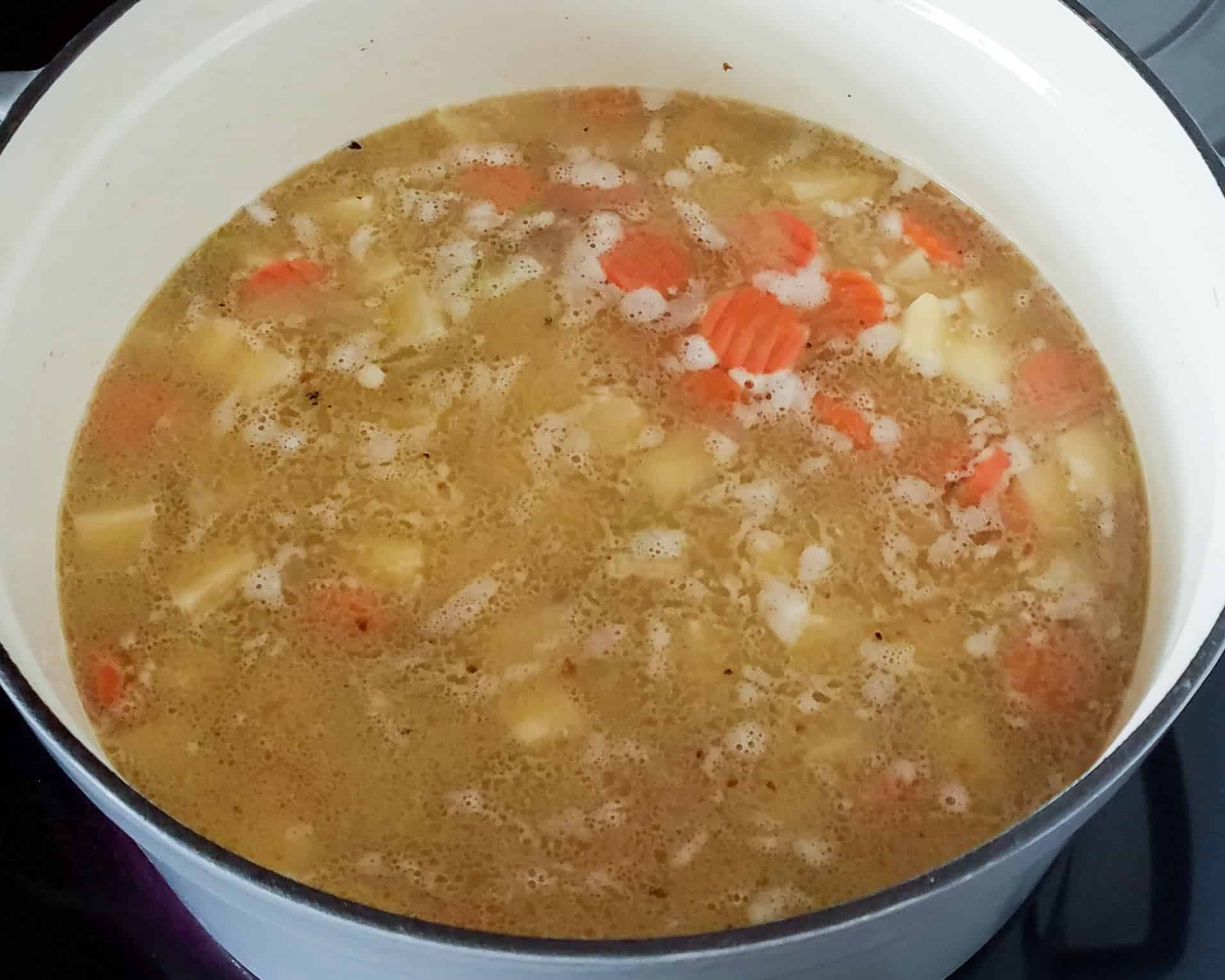 chicken broth and potatoes and carrots cooking in a stock pot