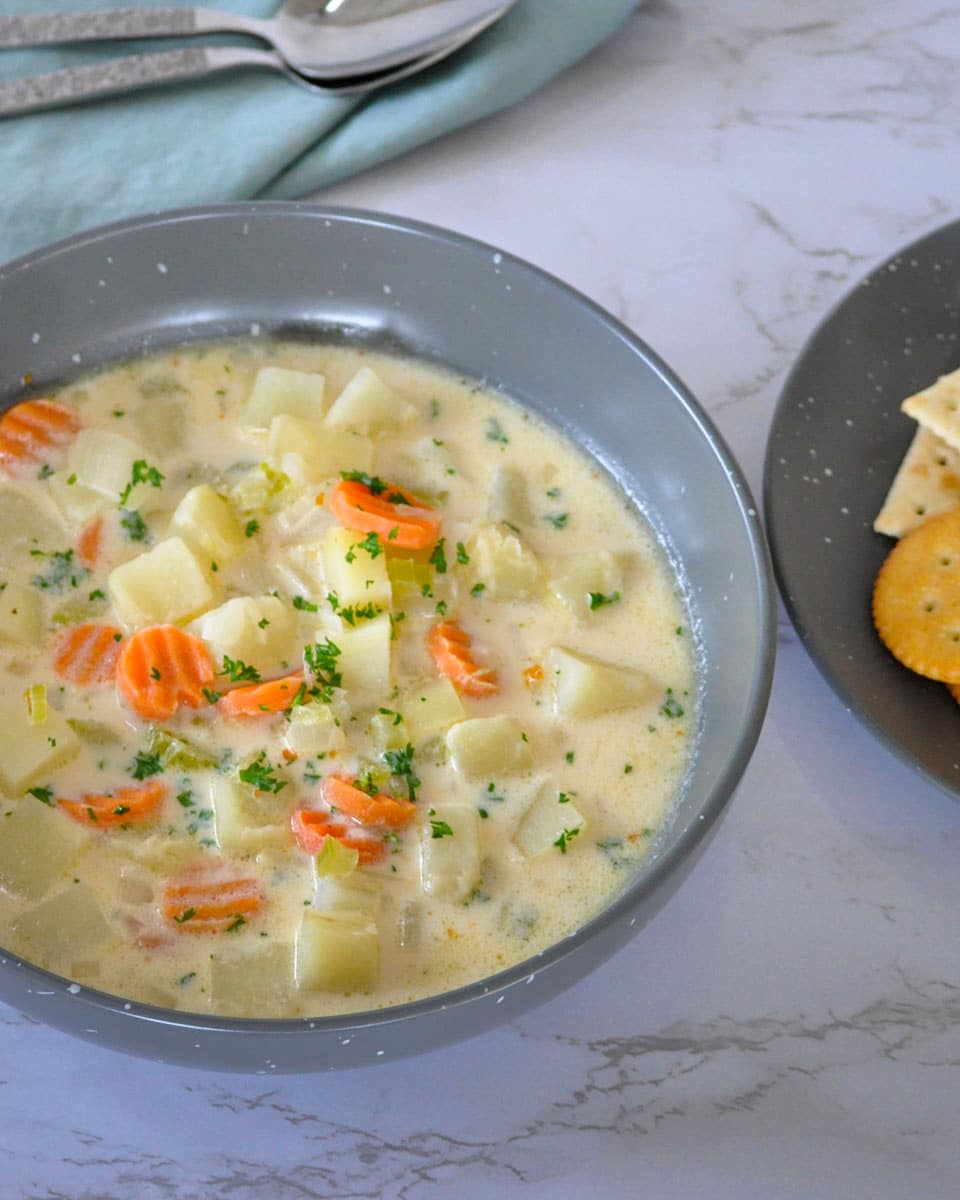 portrait image of soup with potatoes, carrots, celery and onion