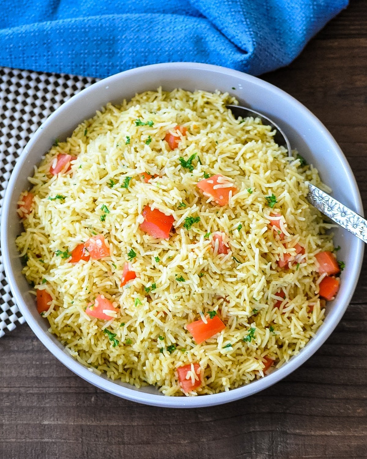 rice with tomato in a gray bowl