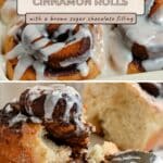 Close-up of cocoa cinnamon rolls with icing, one roll being cut with a fork. Texts and website are visible.