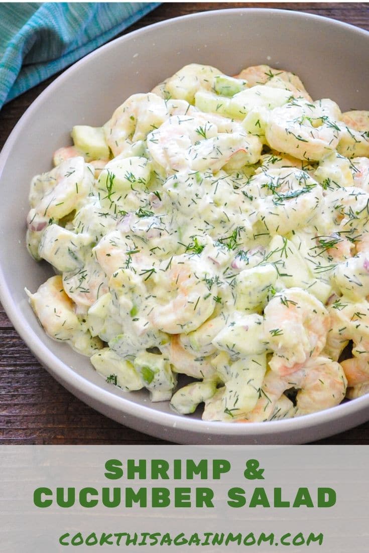Pinterest image featuring shrimp and cucumber salad in a gray bowl