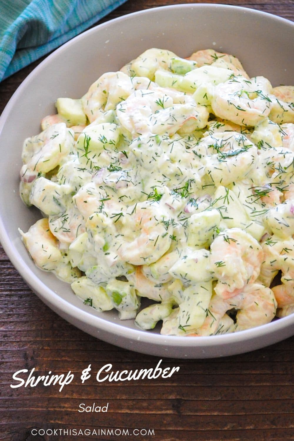 Pinterest image featuring shrimp and cucumber salad in a gray bowl