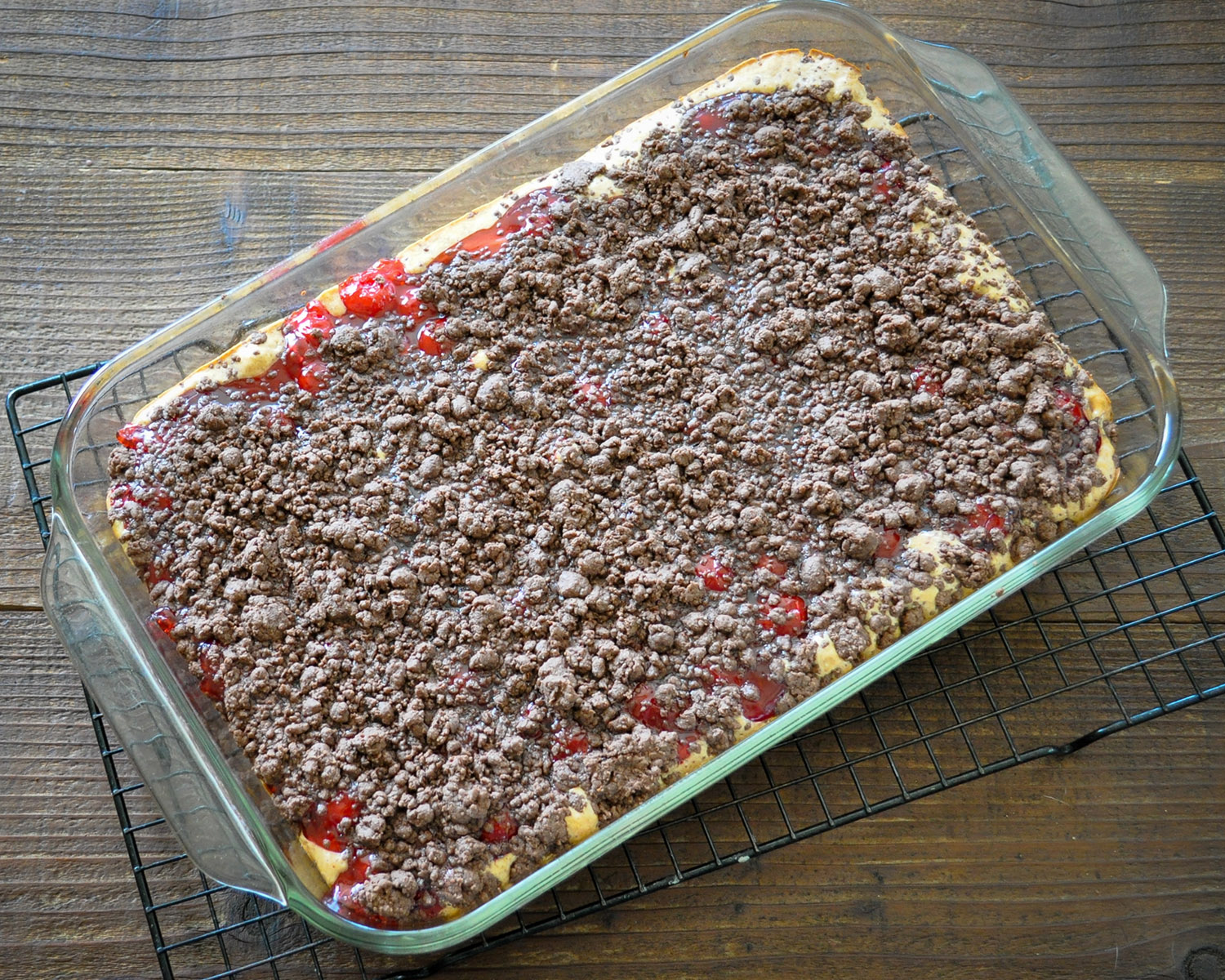 just baked chocolate cherry dessert bars in a 13 x 9 baking dish