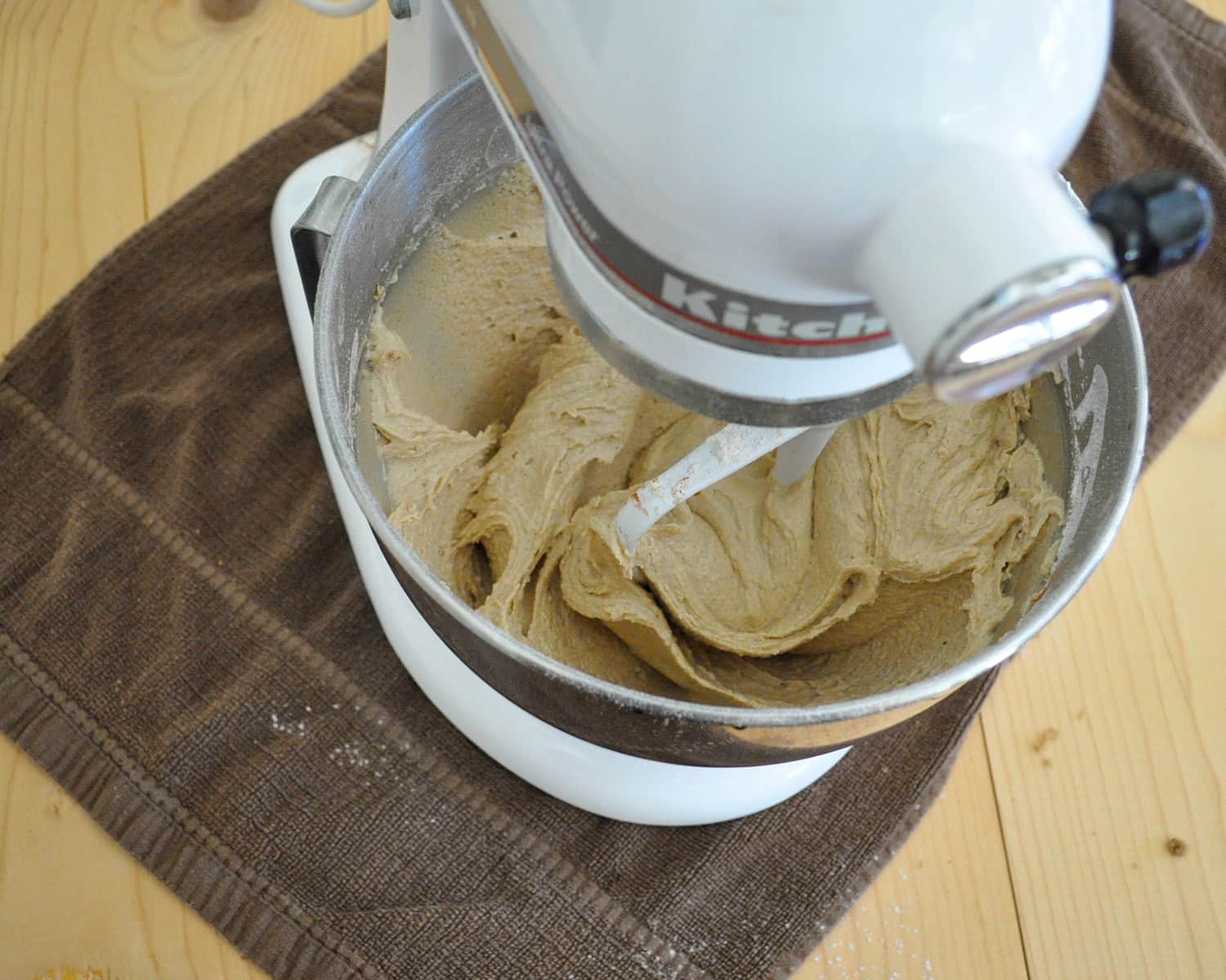 cookie dough in a stand mixer bowl
