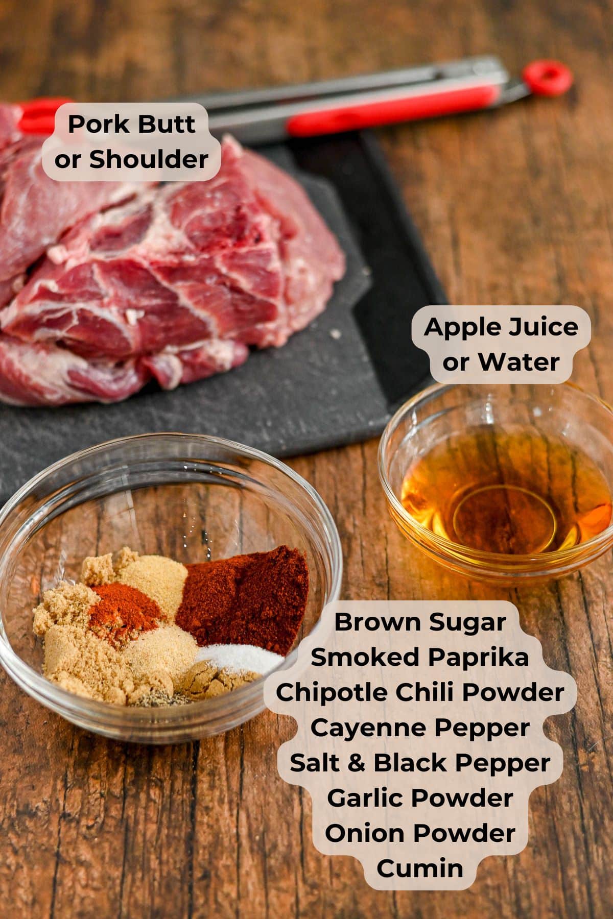 Raw pork, a bowl of apple juice, and a bowl of mixed spices for seasoning-perfect ingredients for Smokey Crock-Pot Pulled Pork, all clearly labeled with their contents.