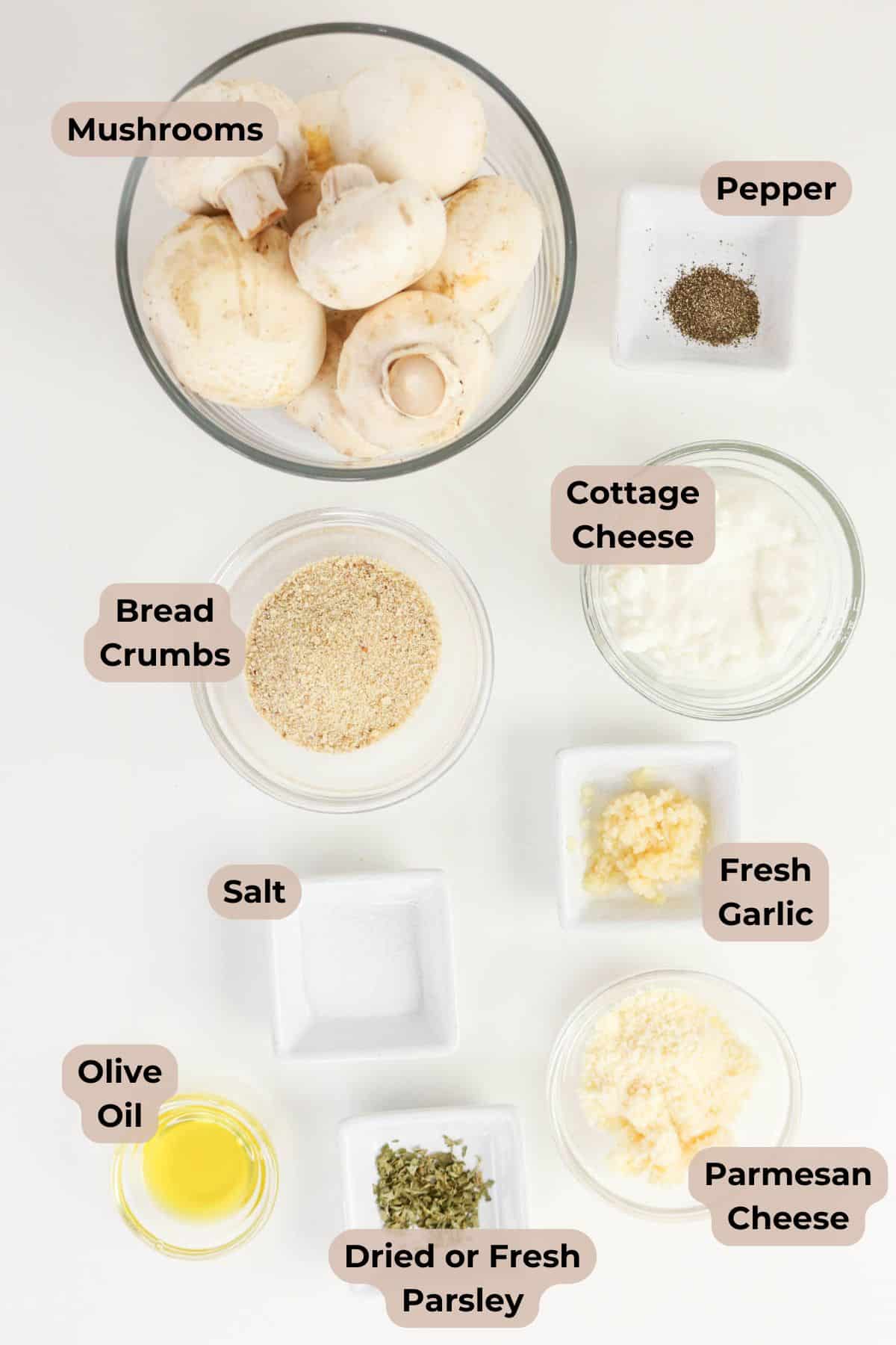 Ingredients for Easy Stuffed Mushrooms, including mushrooms, cheese, oil, spices, breadcrumbs, and garlic, are neatly labeled on a white surface.