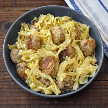 ground turkey swedish meatballs and noodles in a gray bowl