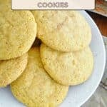 A Pinterest graphic showing pumpkin snickerdoodles on a white plate, with a bitten cookie on parchment beside it.