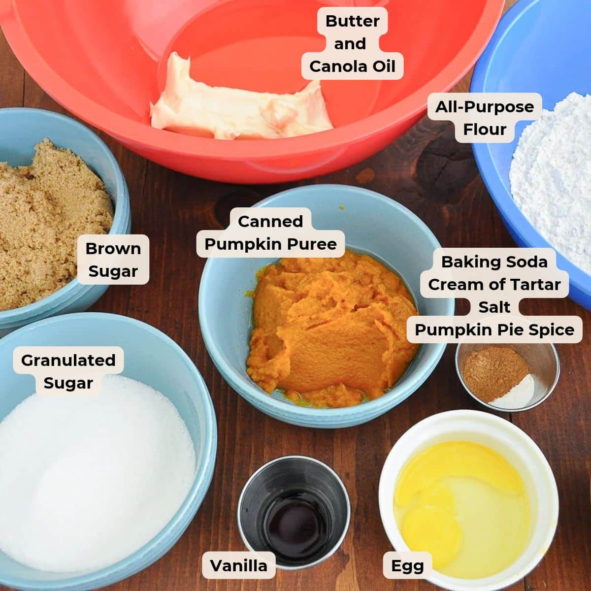 Ingredients for pumpkin snickerdoodles in bowls, labeled: butter and canola oil, flour, brown sugar, granulated sugar, canned pumpkin puree, baking soda, cream of tartar, salt, pumpkin pie spice, vanilla, and an egg.