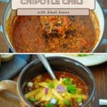 A pot and mug of Ground Turkey Chipotle Chili topped with melted cheese, onions, and fresh green onions.