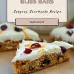 Close-up of Cranberry Bliss Bars with white frosting, cranberries, and orange zest on top; text overlay describes this irresistible Cranberry Bliss Bars recipe.