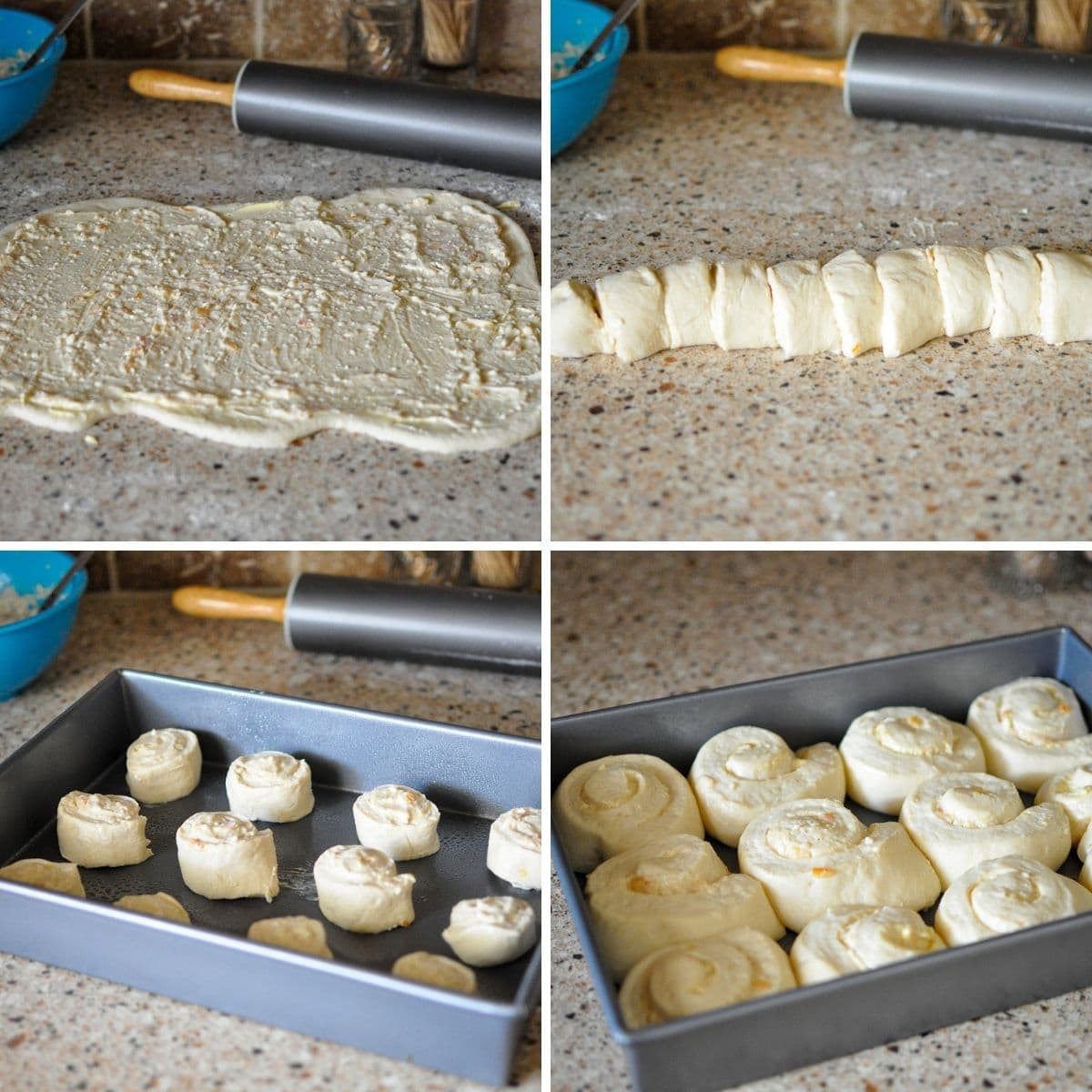a four picture collage showing the process to make cinnamon rolls. 