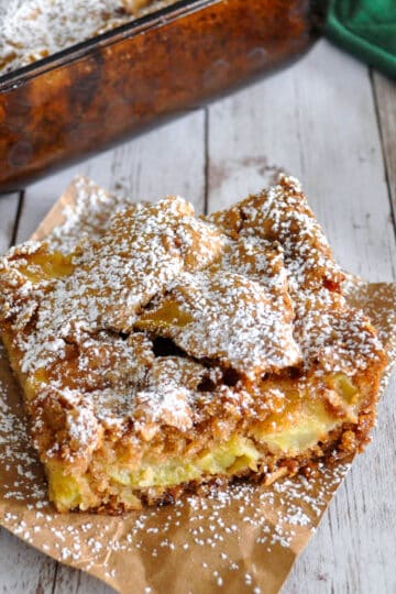 Fresh Apple Cake on a piece of brown parchment paper.