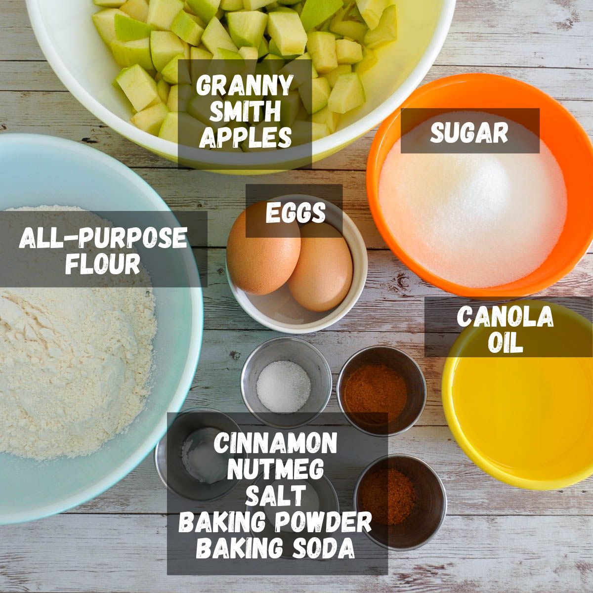 Ingredients shown for apple cake made with fresh apples. 