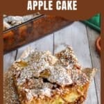 A pinterest graphic showing a piece of easy apple cake.