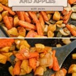 A spoon scoops Roasted Carrots with Apples and Onions from a baking sheet in this close-up image.