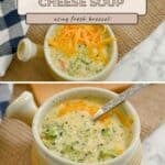 Two bowls of creamy Broccoli Cheese Soup topped with shredded cheese, served with a spoon and a checkered napkin nearby.