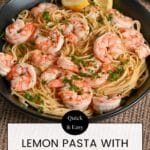 A bowl of Lemon Shrimp Spaghetti garnished with parsley, marketed as a quick and easy meal.