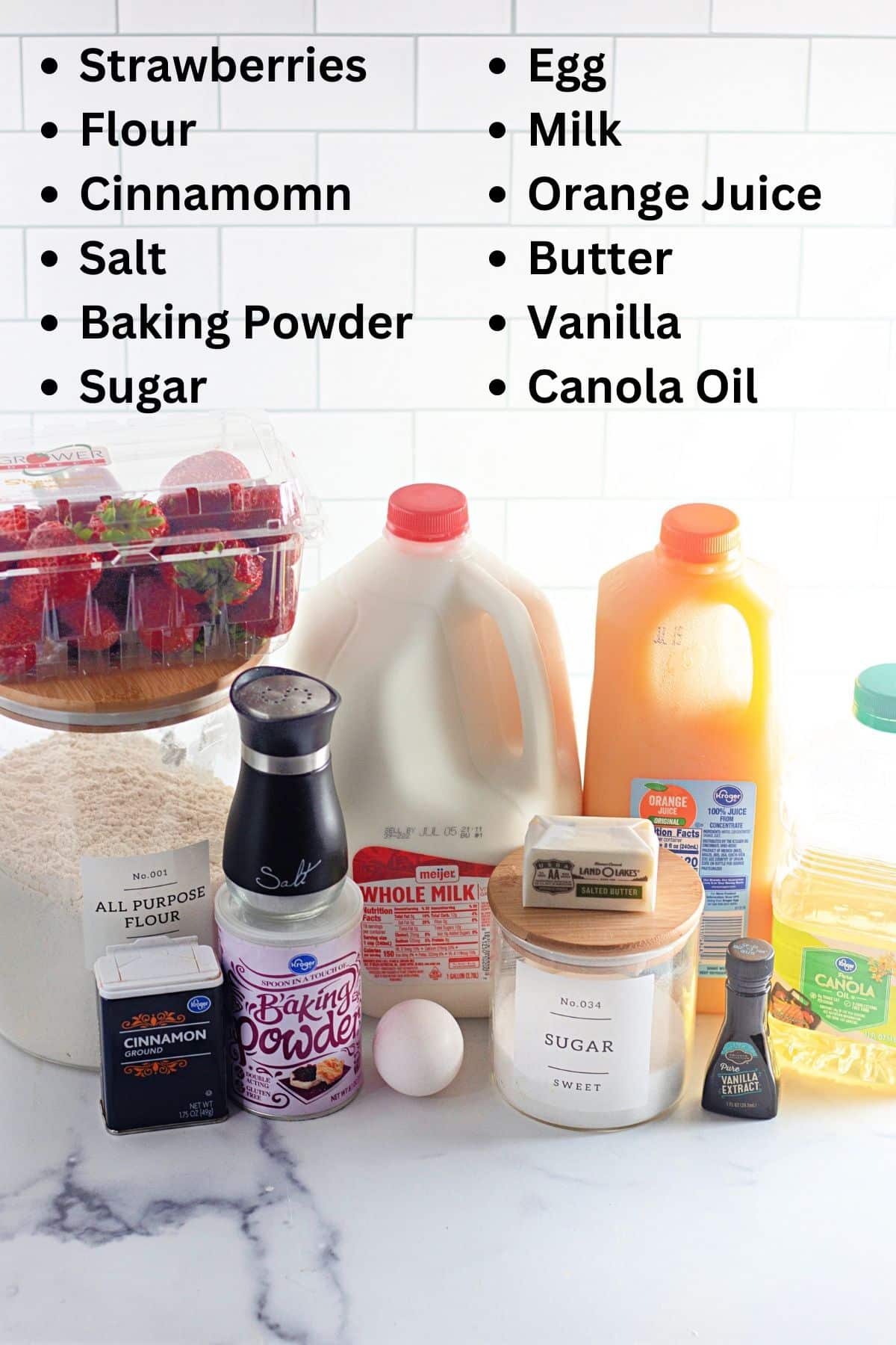 Ingredients shown to make strawberry coffee cake. 