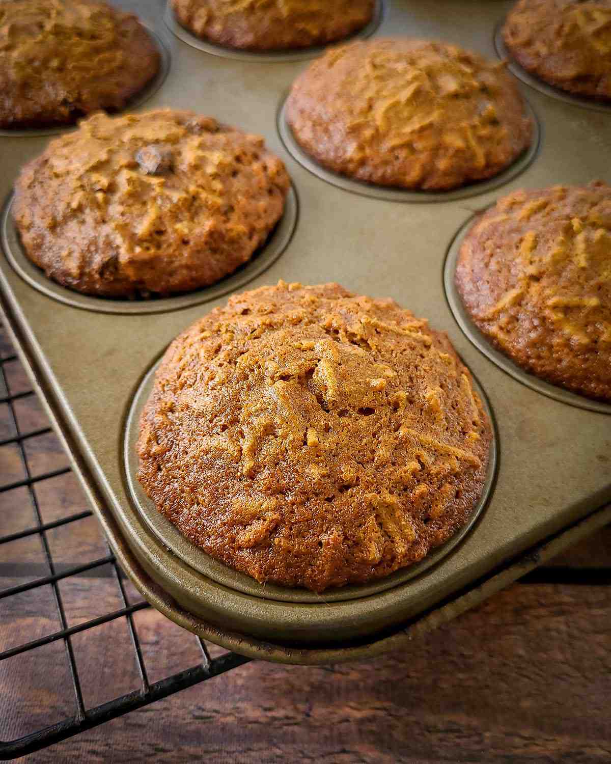 just baked bran muffins still in the muffin pan